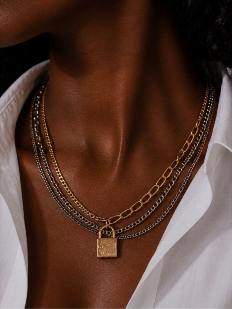 Trending! Gold Mixed Metal Lock Necklace Stack Set Nwot (4003)